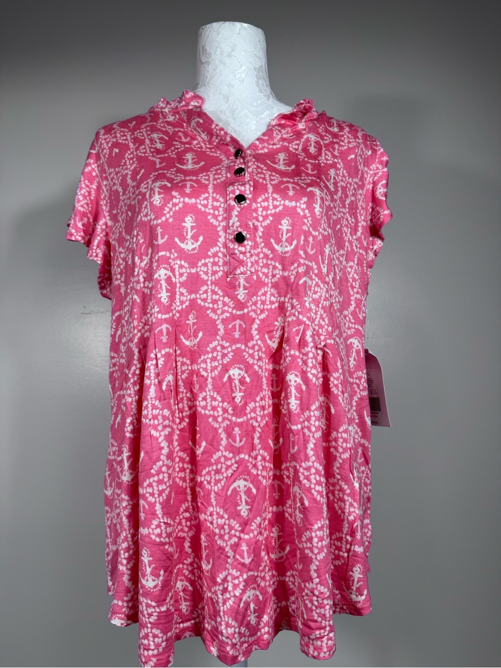 Kim Rogers Pink Anchor-Print Cap Sleeve Tunic